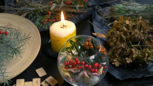 Mystical background. dry herbs, runes, and a burning candle on the table — Stock Video