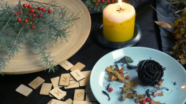 Mystischer Hintergrund. Trockene Kräuter, Runen und eine brennende Kerze auf dem Tisch — Stockvideo