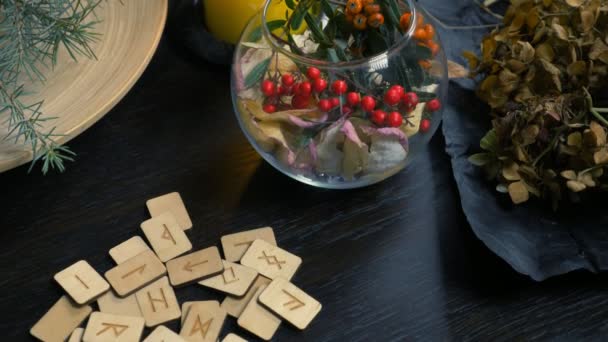 Mystical background. dry herbs, runes, and a burning candle on the table — Stock Video