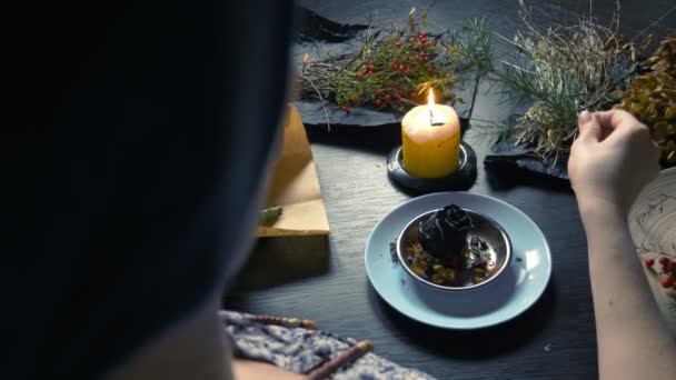 Heksenkruiden. ritueel met brandende kruiden. natuurlijke witte magie — Stockvideo