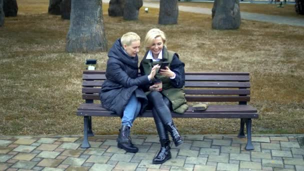 Twee volwassen blonde vrouwen praten, zitten op een bankje in het park. — Stockvideo