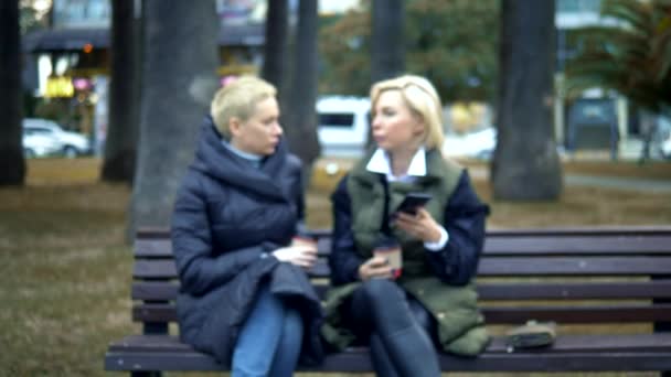 Dos mujeres rubias adultas hablando, sentadas en un banco del parque . — Vídeo de stock