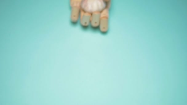 Artificial wooden hand offers head of garlic. blue background. — Stock Video