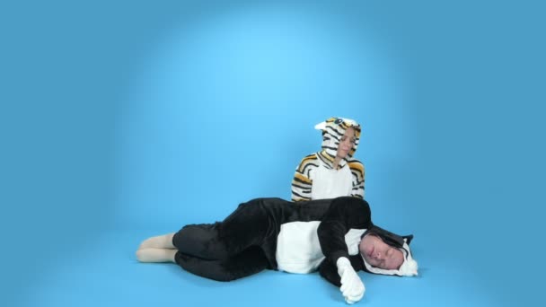 Katt och hund. en kvinna och en man i en kigurumi katt och hund. blå bakgrund — Stockvideo