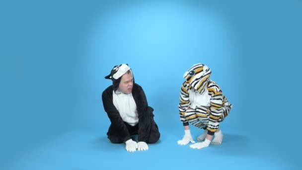 Kočka a pes. žena a muž v kigurumiho kočce a psovi. modré pozadí — Stock video
