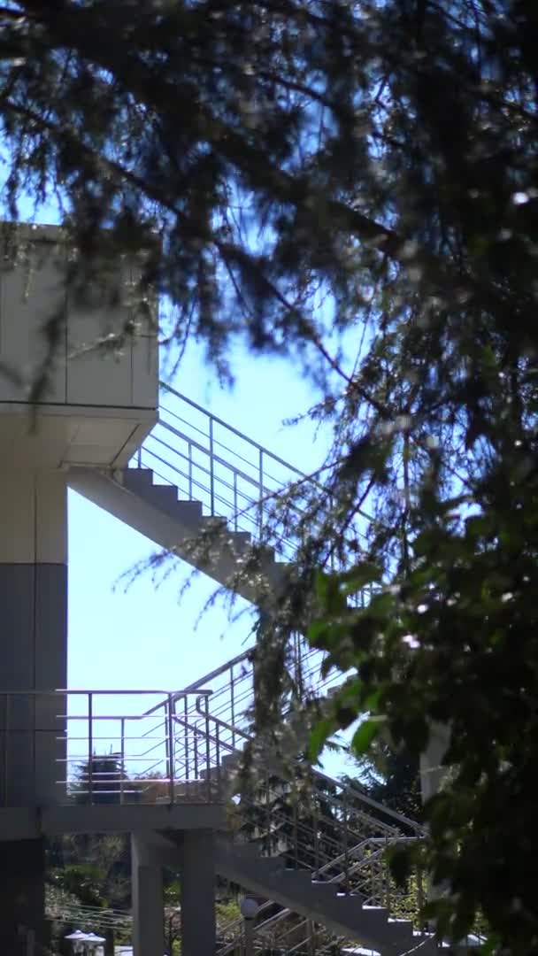 Verticaal. metalen trap bij het gebouw op de achtergrond van bomen in het park — Stockvideo