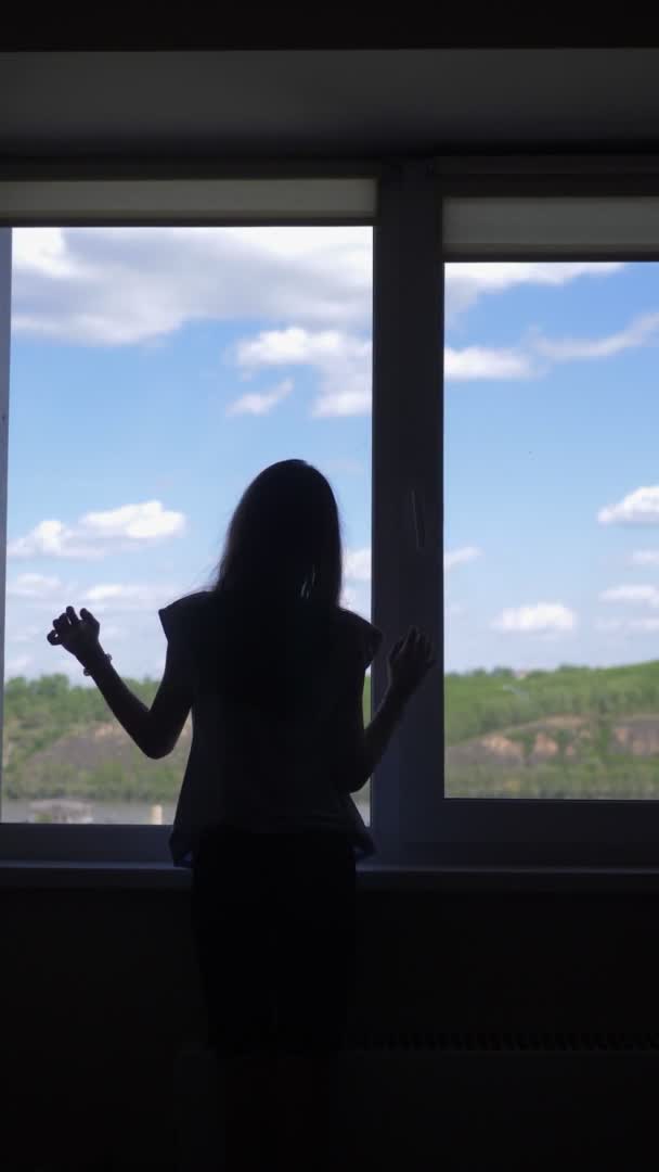 Verticalmente. silueta. chica se estira por la ventana con una vista del cielo — Vídeo de stock