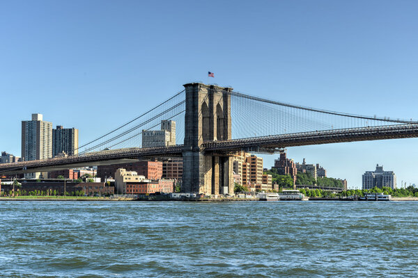 View of the Brooklyn Bridge as seen from the East Side of Manhattan, New York.
