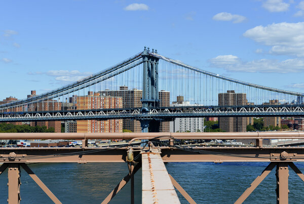 View of the New York City Skyline and the Manhattan Bridge from the Brooklyn Bridge.