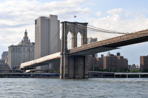 View of the Brooklyn Bridge and New York City skyline from Brooklyn, New York.
