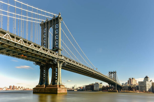 The Manhattan Bridge as seen from the Manhattan side in New York City.