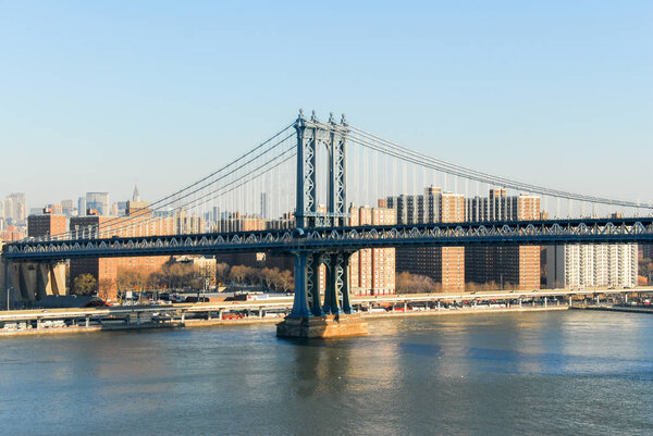 The Manhattan Bridge as seen from the Brooklyn Bridge.