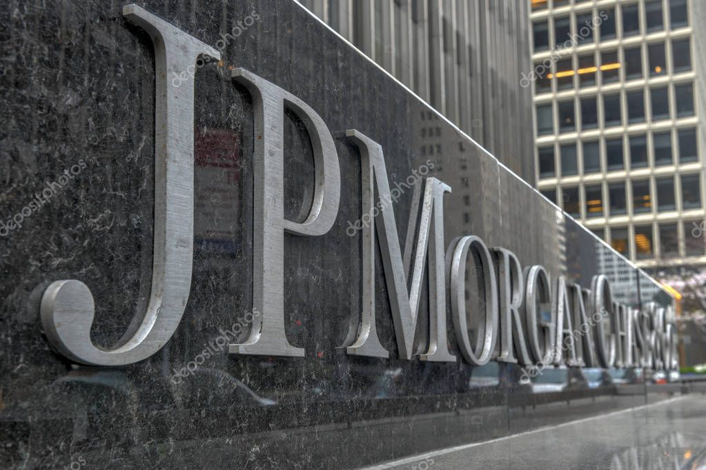 New York - April 14, 2018: The corporate sign in front of the JP Morgan Chase & Co office building on Park Avenue in New York City.