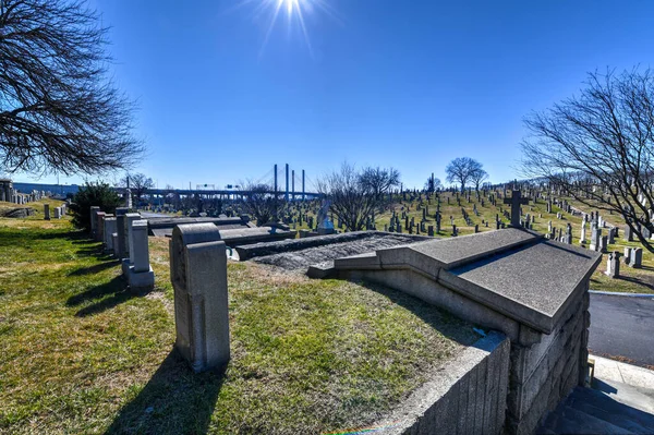 ニューヨーク市 2020年2月23日 ニューヨークのマンハッタンスカイラインを持つカルバリー墓地 カルバリー墓地はクイーンズの墓地であり 300万人以上の埋葬者が含まれている — ストック写真