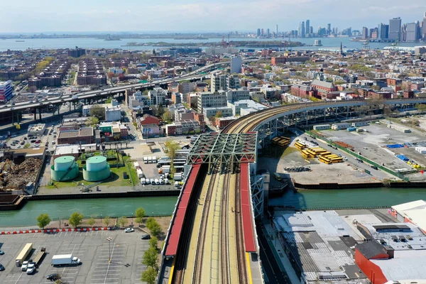 Panoramautsikt Över Gowanus Kanalen Brooklyn Med Gowanus Expressway Och Manhattan — Stockfoto