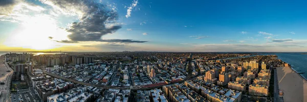 Aerial view of the elevated subway tracks along Brighton Beach in Brooklyn, New York