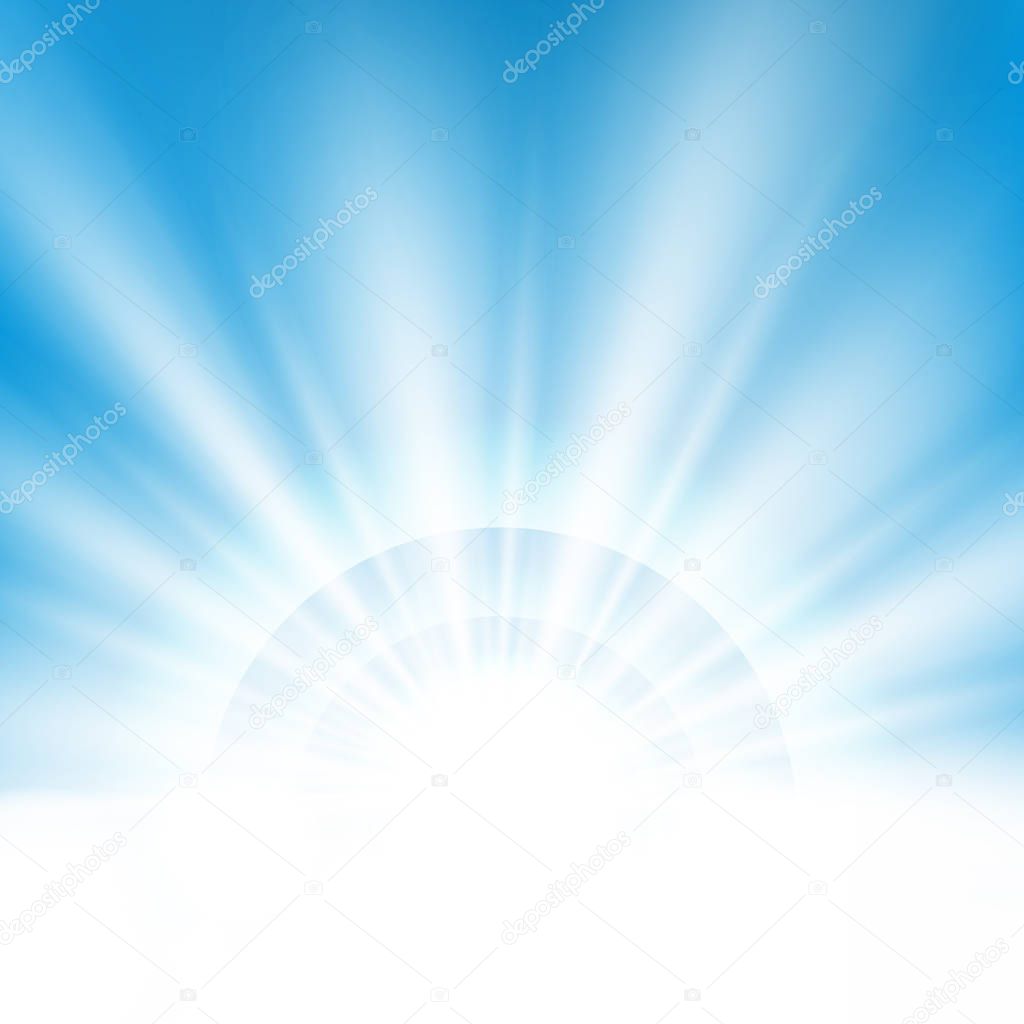 Center sunburst light effect on clean blue sky background with text space, flying banner illustration vector eps10