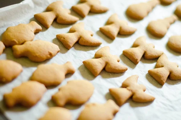 Ensemble de biscuits en forme de thème de Noël sur fond de papier de cuisson blanc. Ange, bonhomme de neige et poisson — Photo