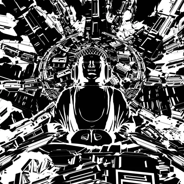 技術的なブッダの漫画の イラストレーション スタイル未来の原子炉内部のヘッドフォンを身に着けている瞑想仏 — ストック写真