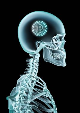 X-ışını bitcoin kavramı / 3d illüstrasyon iskelet, x-ışını kafanın içinde gösteren bitcoin