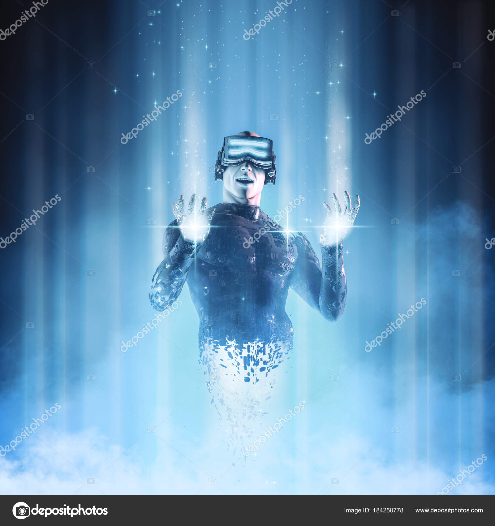 仮想現実のユーザーのアバター 仮想ギア Materialising サイバー スペースでの男性のイラストを フィギュア ストック写真 C Grandeduc