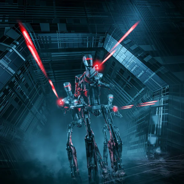 ロボット巡回攻撃レーザー銃を発射宇宙船の廊下を進める 軍事ロボットの空想科学小説のシーンの イラストレーション — ストック写真