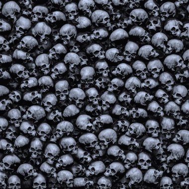 Gotik kafatasları arka plan / 3d illüstrasyon koyu grungy insan kafatasları kazıklı yakından birlikte