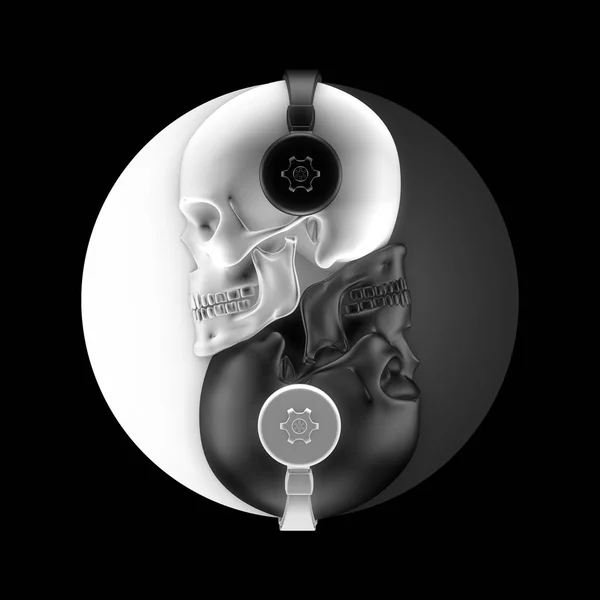 耳机头骨和声 用耳机形成阴阳符号的黑白头骨图 — 图库照片
