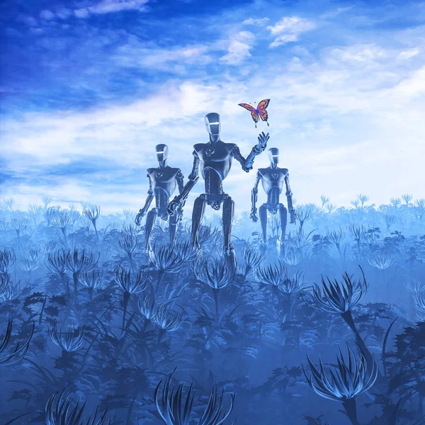 Tech meets nature / 3D illustration of androids in alien landscape finding butterfly