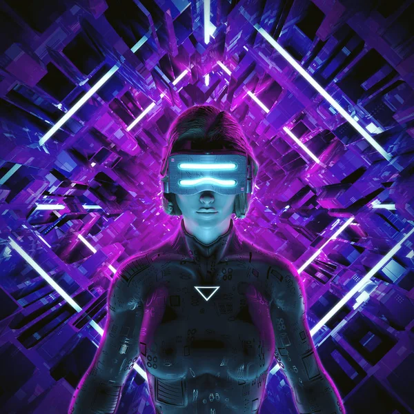 Virtual gamer woman / 3D illustration of female figure entering glowing virtual game environment