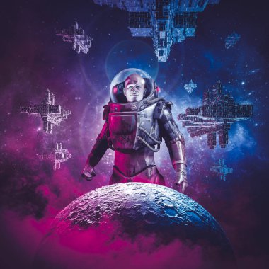 Galaksiler arası uzay kahraman / bilim kurgu sahne gösteren kahramanca erkek astronot 3d çizimi sabit içinde belgili tanımlık geçmiş Uzay Filosu ile ay yukarıda
