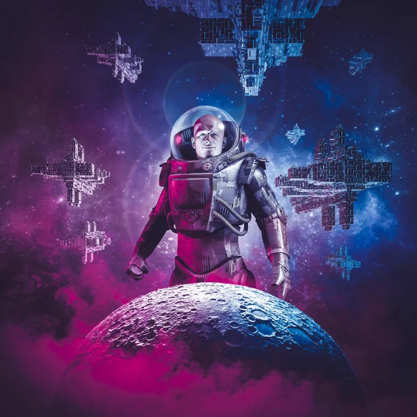Intergalactic space hero / 3D illustration of science fiction scene showing heroic male astronaut rising above moon with fleet of spaceships in the background