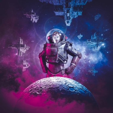 Galaksiler arası kadın uzay kahraman / bilim kurgu sahne gösteren kahramanca kadın astronot 3d çizimi sabit içinde belgili tanımlık geçmiş Uzay Filosu ile ay yukarıda