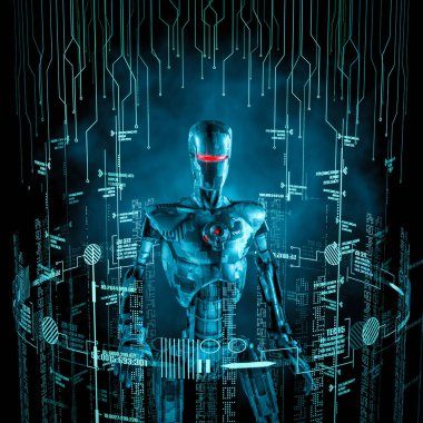 Veri robot kavramı / askeri Android 3d illüstrasyon parlayan sanal kullanıcı arabirimi tarafından çevrili
