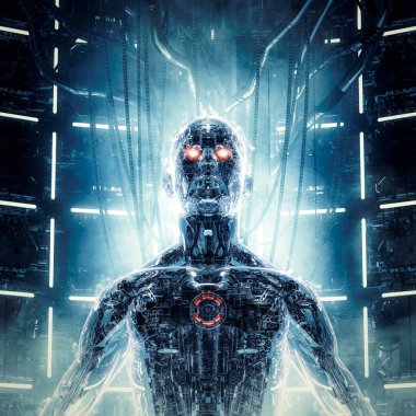 Maksimum güç elde edildi / 3d illüstrasyon geleceğin metalik bilim kurgu erkek insanımsı robotu bilgisayar çekirdeğinde şarj oluyor