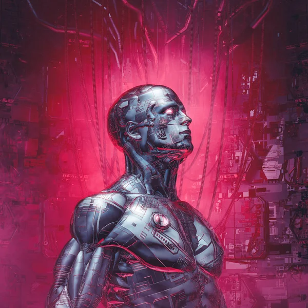 Visioni Cibernetiche Ricaricate Illustrazione Fantascienza Metallica Futuristica Cyborg Umanoide Maschile — Foto Stock