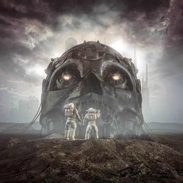 昨日の巨人 宇宙飛行士がエイリアンの街の外の砂漠で古代の巨大なロボットの頭蓋骨を発見することを示すSfシーンの3Dイラスト — ストック写真