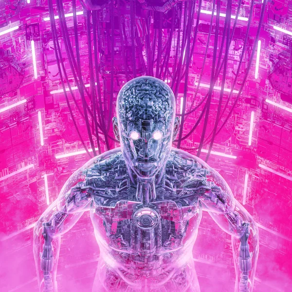 脳の過負荷 3Dイラストの未来のガラスSf男性人型サイボーグ覚醒内部光るコンピュータコア — ストック写真