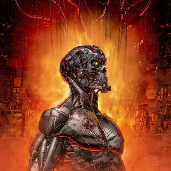 Cyfrowy Demon Ilustracja Futurystycznej Czaszki Science Fiction Stoi Humanoidalny Cyborg — Zdjęcie stockowe
