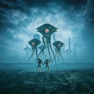 Bilim kurgu sahnesinin kovan / 3d çiziminin gözcüleri astronotların yabancı gezegende robot şehirle karşılaştığını gösteriyor.