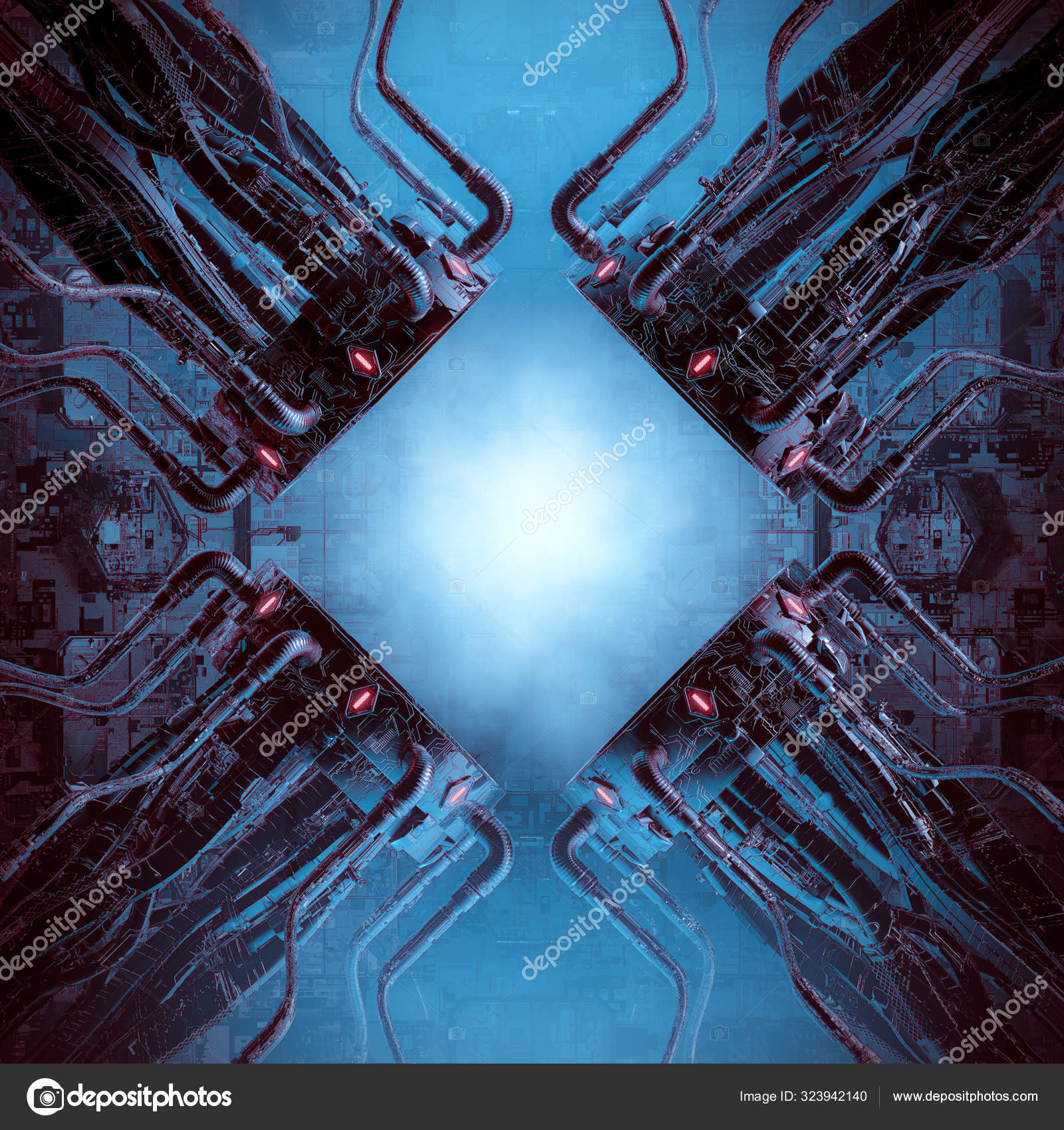 Science Fiction Generator Illustration Dark Complex Futuristic Machinery  Glowing Copy Stock Photo by ©grandeduc 323942140