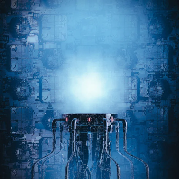 Science Fiction Piedestal Illustration Mörka Futuristiska Maskiner Med Glödande Kopieringsutrymme — Stockfoto