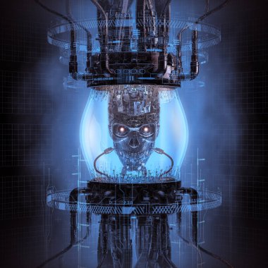 Karmaşık cam küre bilgisayar makinelerinin içinde metal robot kafatasını gösteren bilim kurgu sahnesinin karanlık dijital düşünme makinesi / 3d illüstrasyonu