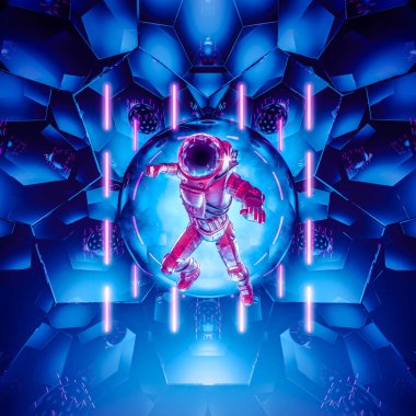 Sonsuz prizma astronot / 3d bilim kurgu sahnesi. Parlayan neon ışıkların önünde uzay elbisesi içinde yüzen dinamik astronot.