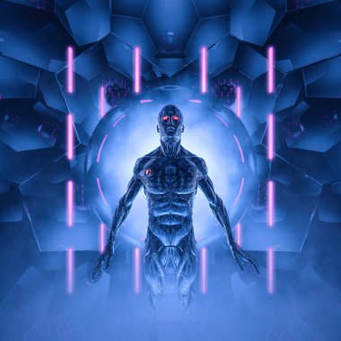 Neon ışıklı bilgisayar çekirdeğinin içindeki metalik bilim kurgu erkek insansı sayborgun dijital alemi / 3d illüstrasyonunun mahkumu