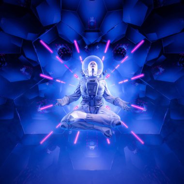 Neon zen astronot / 3d bilim kurgu sahnesinin, parlayan neon ışıkların önünde uzay elbisesi içinde yüzen meditasyon yapan astronot çizimi