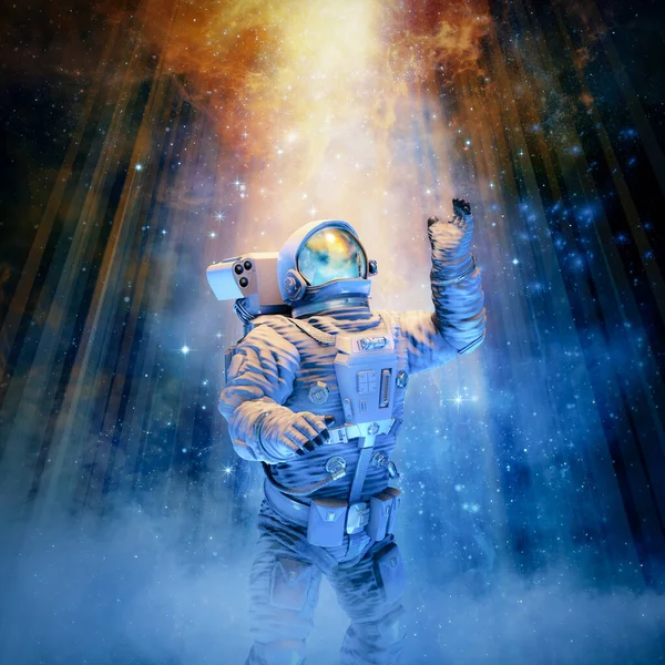 Bilim Kurgu Sahnesinin Göklere Illüstrasyonuna Uzan Astronotlar Uzayda Göksel Işıltıya — Stok fotoğraf