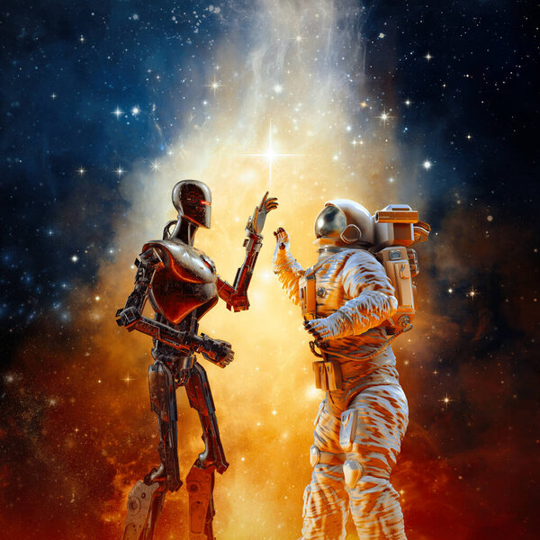 Galactic high five / 3D illustration of science fiction scene with astronaut greeting alien robot in outer space