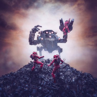 Uzaylı robotların astronotlara saldırdığını gösteren retro posa bilim kurgu sahnesinin Titan / 3d 'deki mekanik sorunu