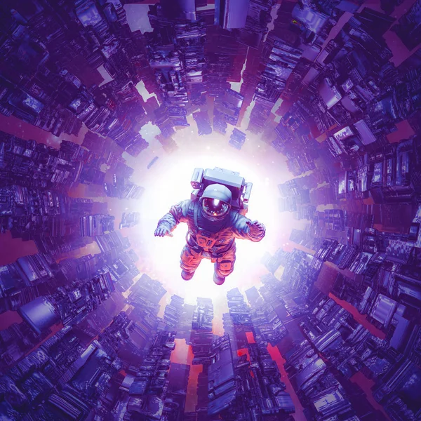 Сингулярность Пространства Времени Иллюстрация Астронавта Плавающего Внутри Абстрактной Инопланетной Машины — стоковое фото